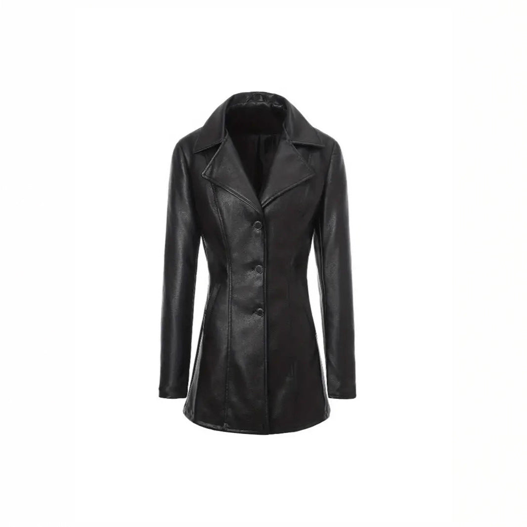 Women's Leather Mid-length Slim Trench Imitation Lapel Coats
