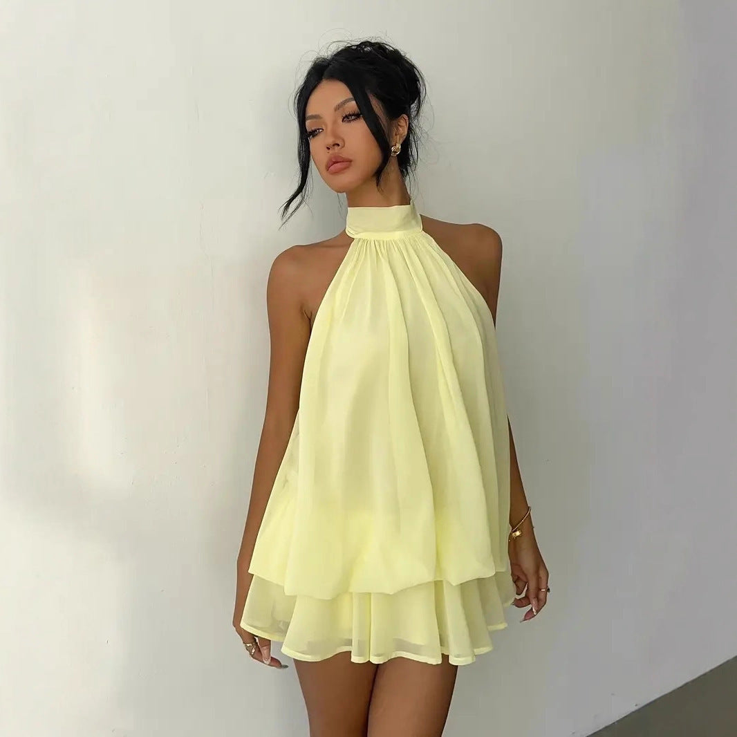 Women's Holiday Sexy Backless Halter Puff Dress
