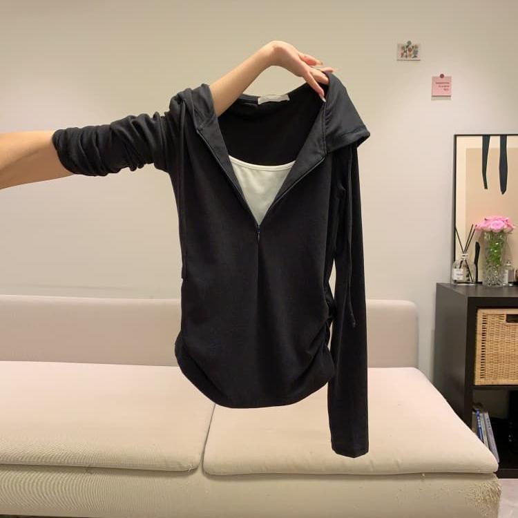 Women's Gray Half Zipper Fake Two-piece Hooded Long-sleeved Sportswear Women's T-shirt