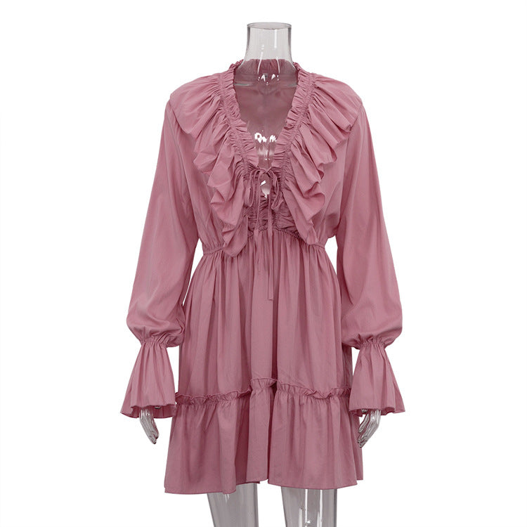 Women's Fashionable Pleating Bell Sleeve Ruffled White Dress Spring Dresses