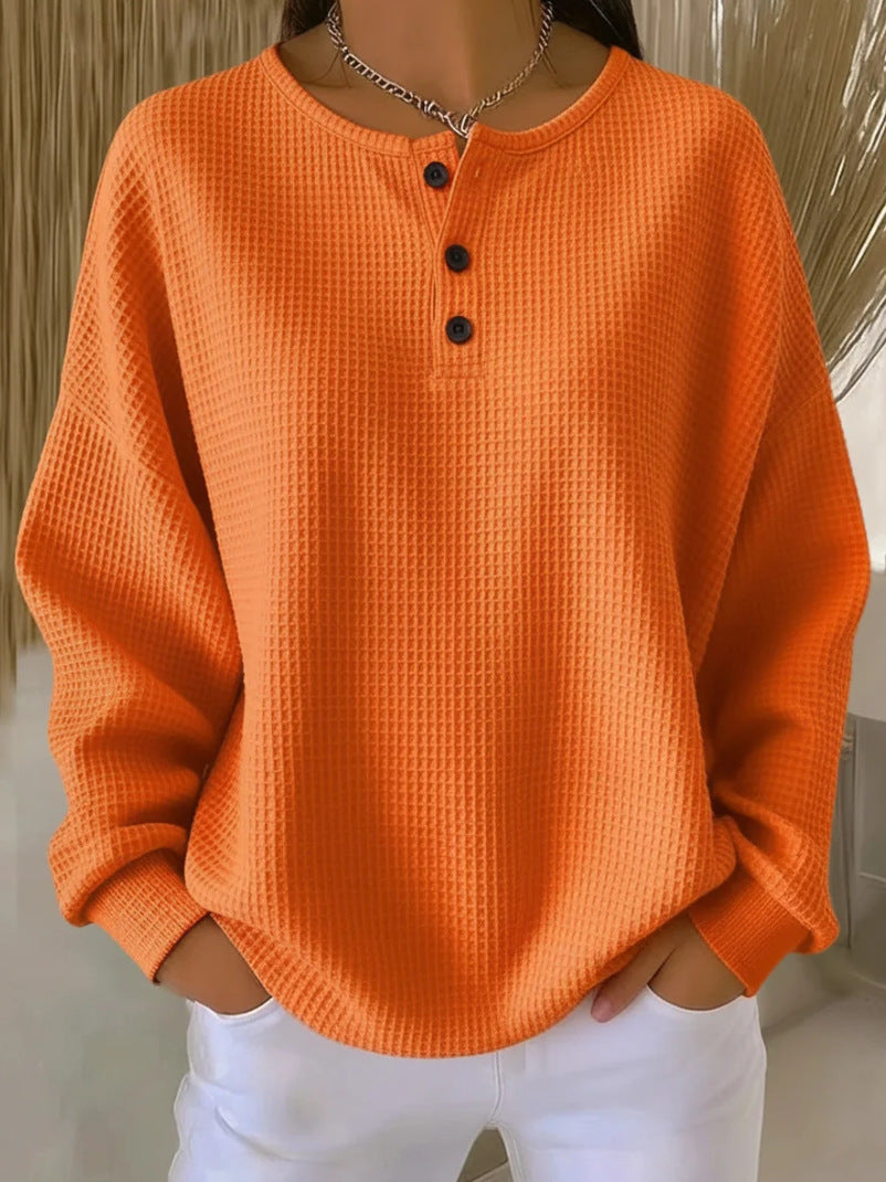 Round Neck Waffle Solid Color Pullover Women's Sweater, Sweater