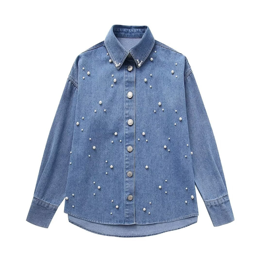 Women's Faux Pearl Long Sleeve Lapel Denim Knitwear