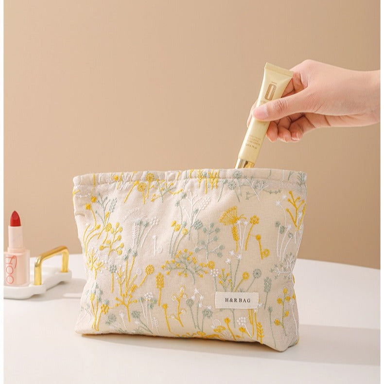 Linen Plant Embroidery Hand-held Portable Canvas Cosmetic Bags