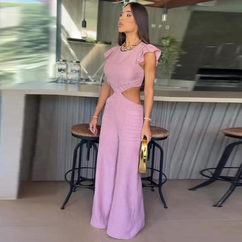 Summer Round Neck Ruffled Loose Trousers Jumpsuits