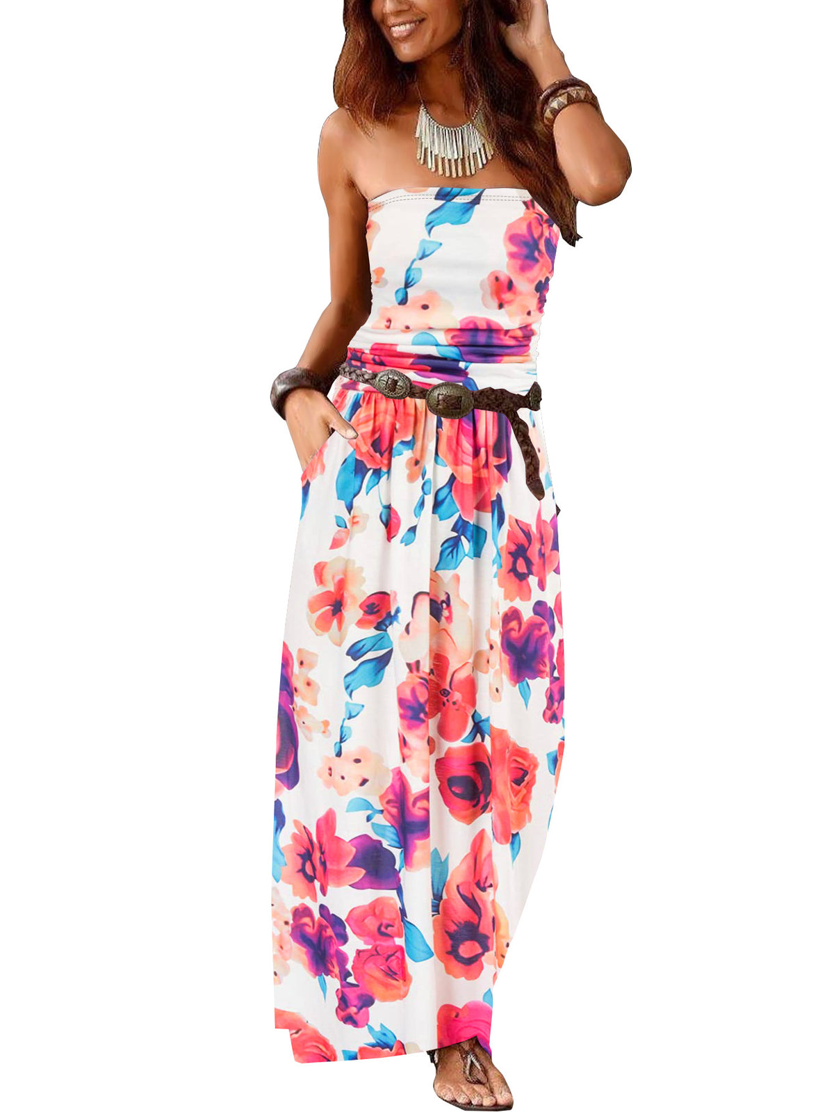 Women's Collar Sleeveless Cold-shoulder Long Double Pocket Dress