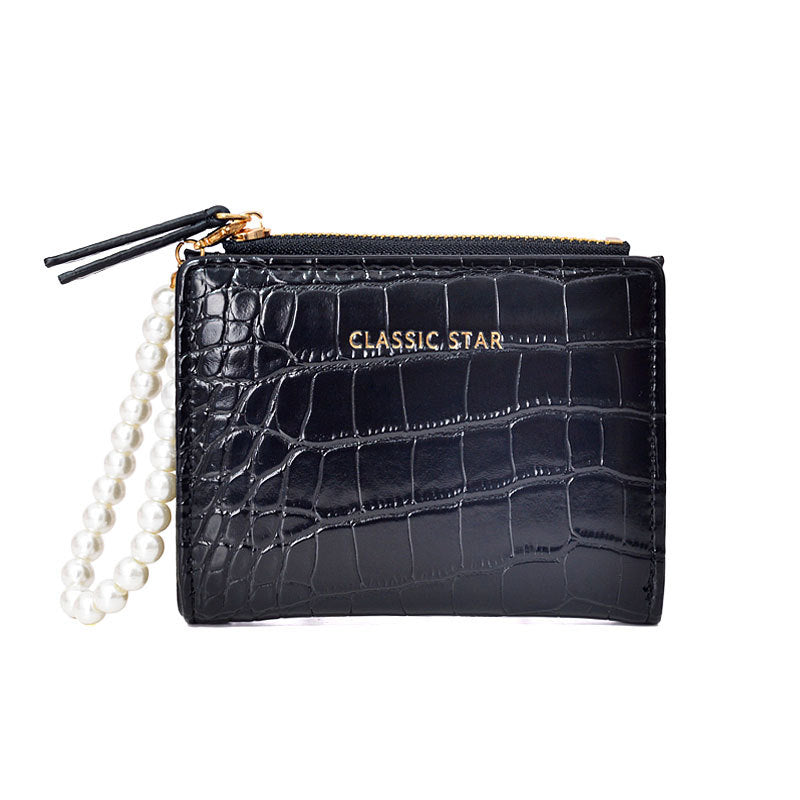 Women's Korean Style Fashion Crocodile Pattern Pearl Chain Ladies Wallets