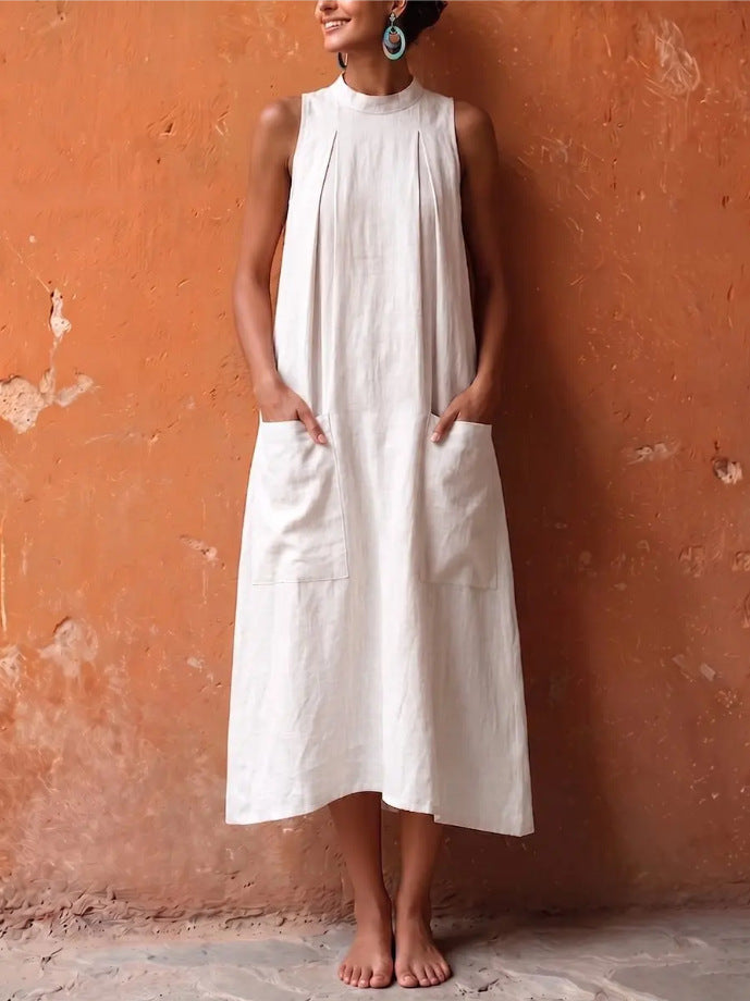 Women's Solid Color Sleeveless Stand Collar Loose With Dress
