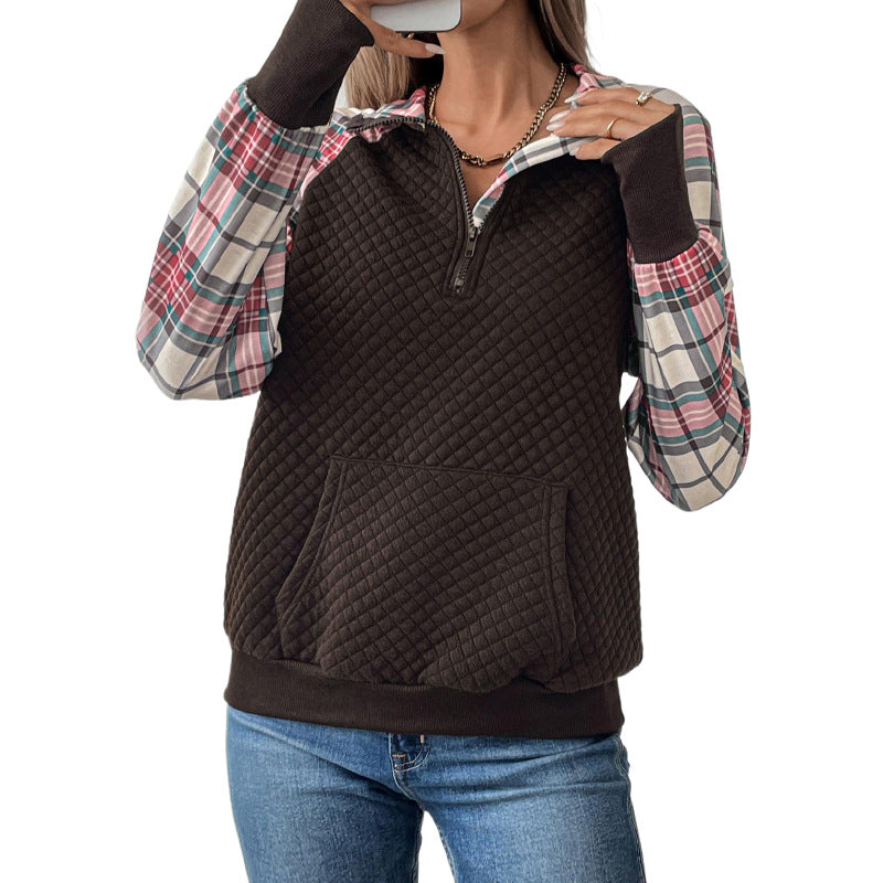 Women's Plaid Retro Patchwork Texture Pullover Women's Sweater, Sweater