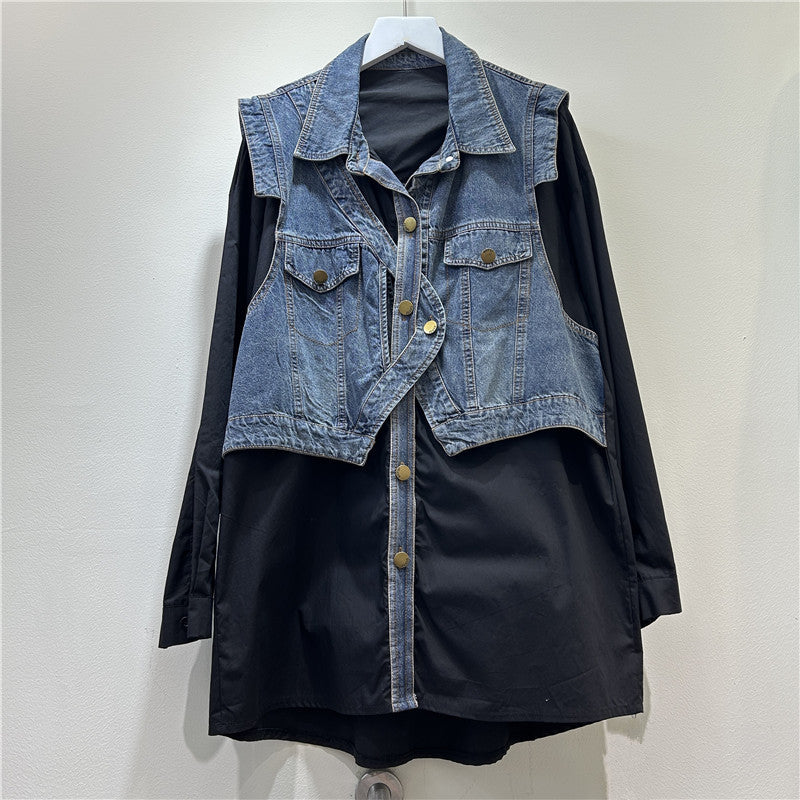 Women's Design Sense Fake Two Pieces Denim Blouses