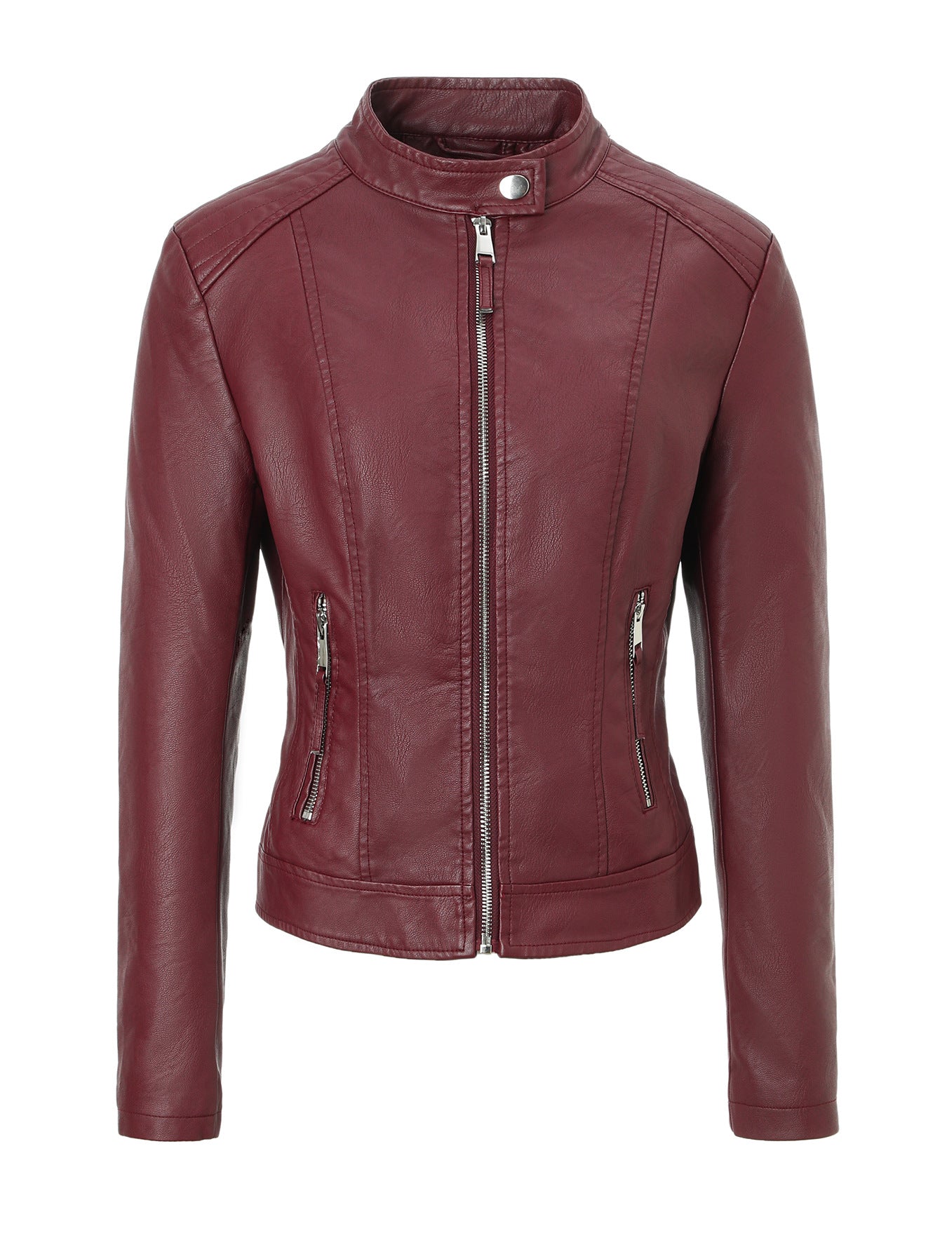 Women's Three-color Stand Collar Zipper Leather Pocket Jackets