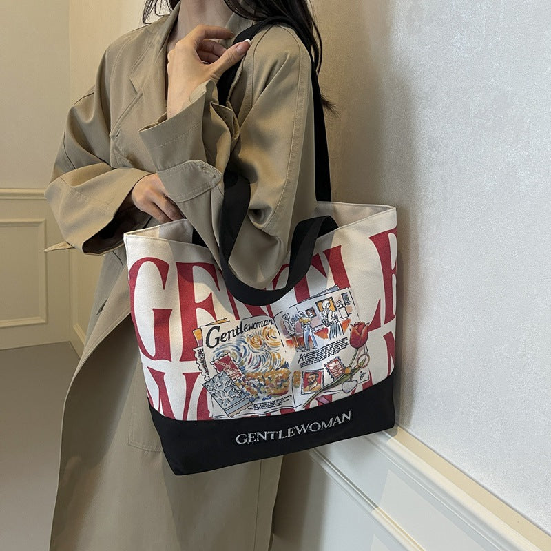 Women's Canvas Commuter Stitching Letter Large Capacity Shoulder Bags
