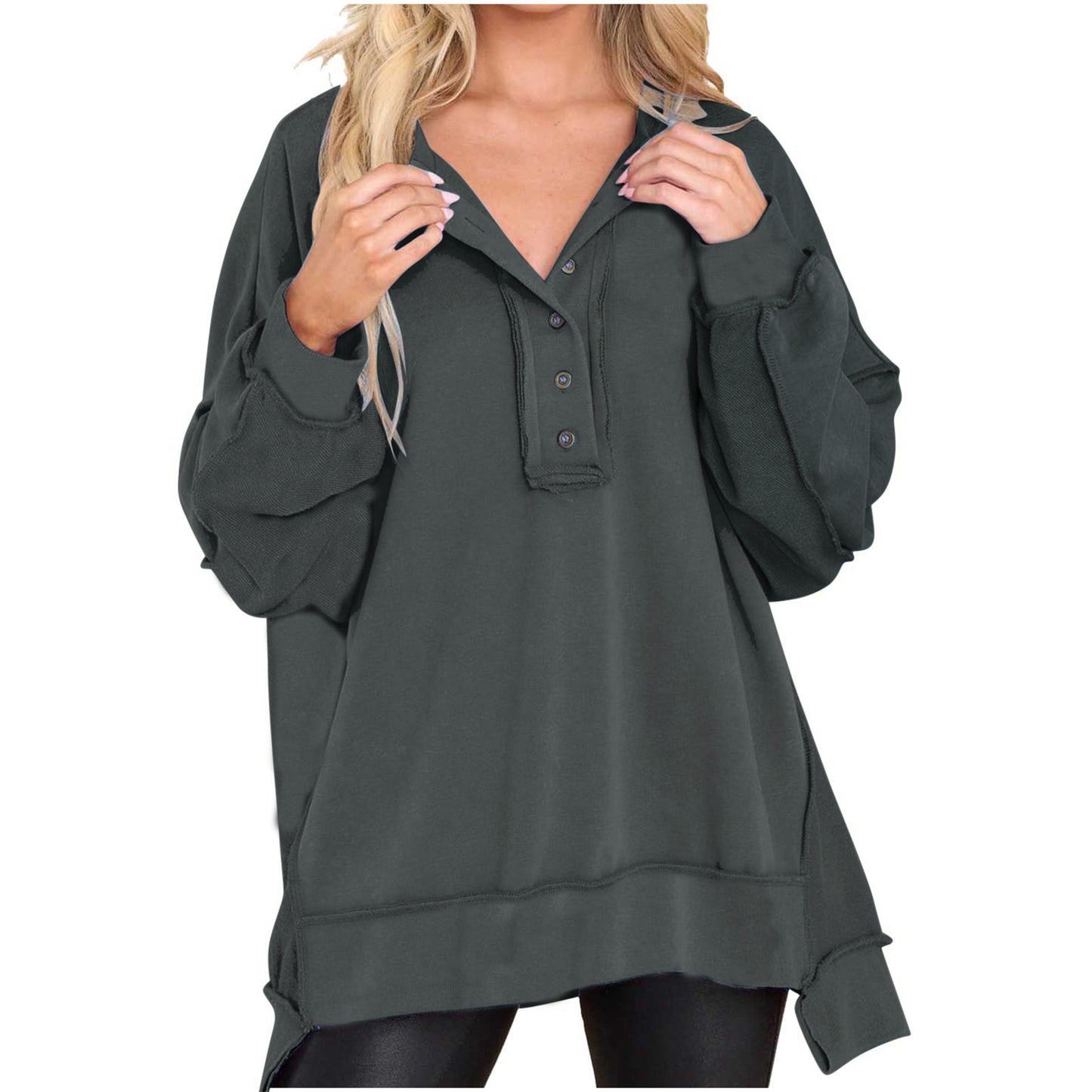 Women's Round Neck Solid Color Buttons Loose Tops