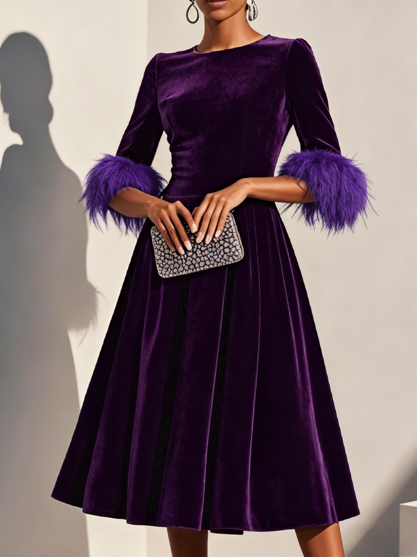 Women's Lady Temperament Elegant Round Neck Veet Dresses