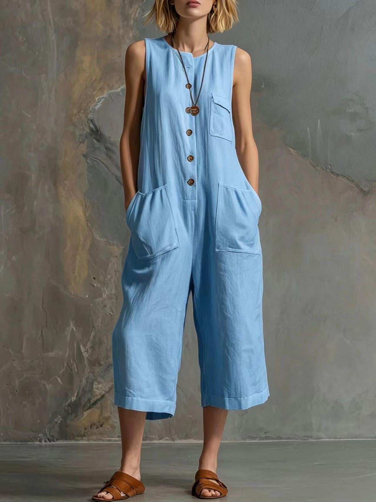 Casual Retro Sleeveless White Wide Leg Women's Jumpsuit/clothing