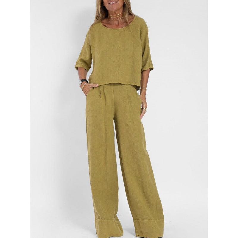 Women's Summer Solid Color Cotton Linen Sleeve Loose Wide Fashion Casual Suit