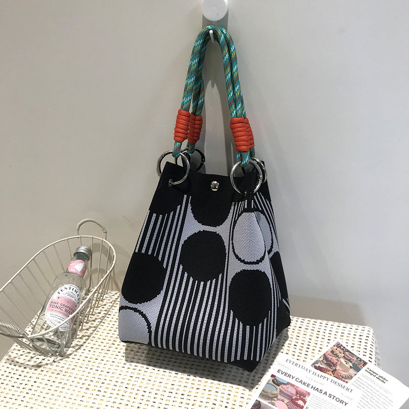 Black White Rhombus Knitted Versatile Large Handbags