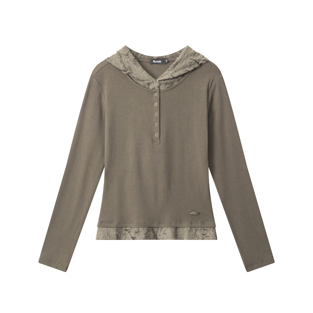 Two-piece Hooded Hole Slim Fit Long-sleeved Blouses