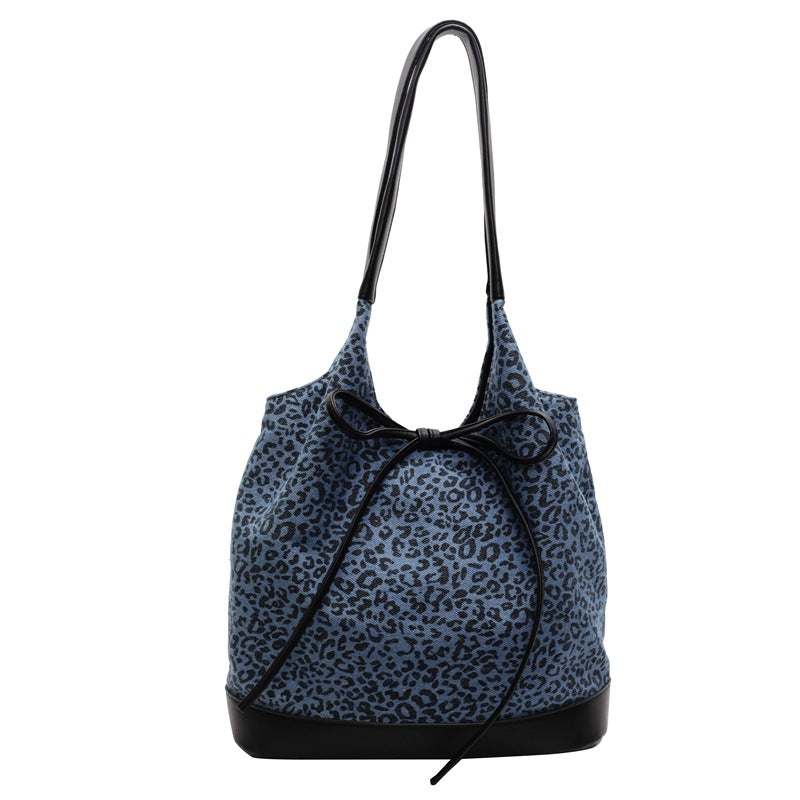 Textured Leopard Print Denim Korean Large Shoulder Bags