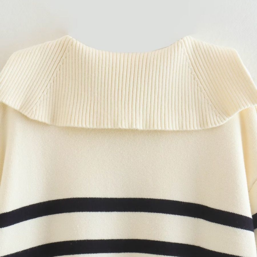Women's V-shaped Polo Collar Stripes Loose Pullover Knitwear