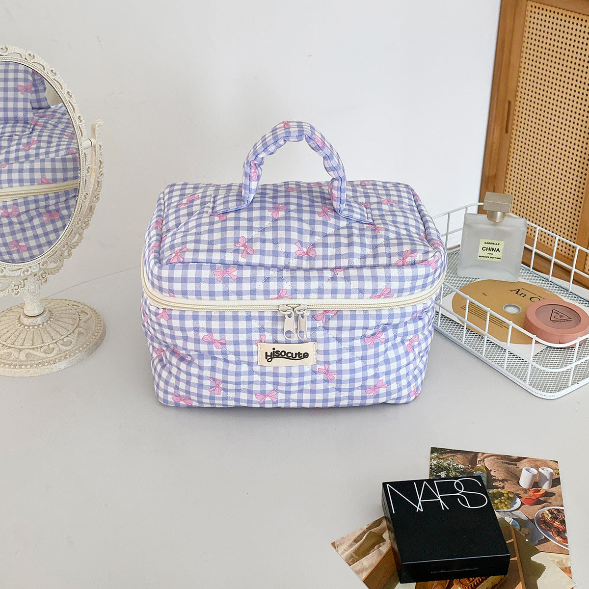 Simple Plaid Korean Style Bow Large Cosmetic Bags