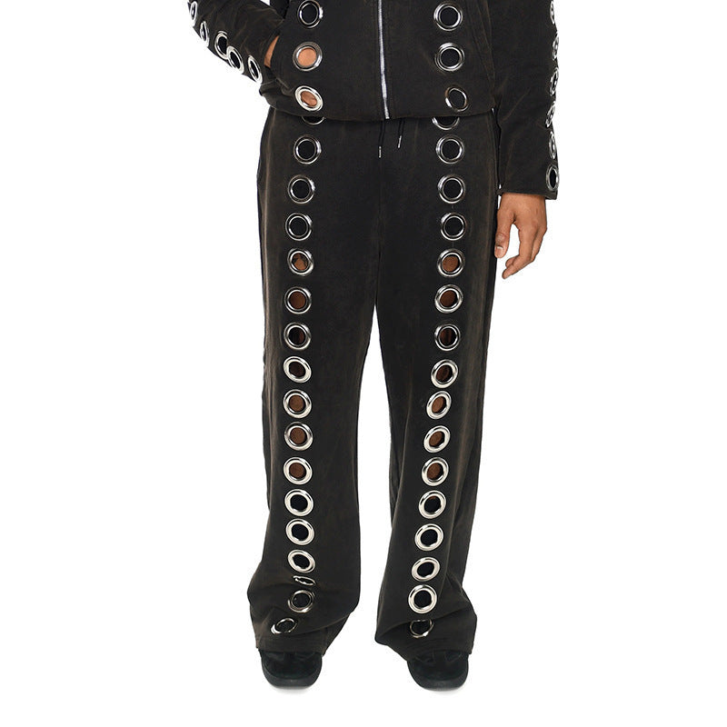 Women's & Men's Trendy Iron Hoop Loose Zipper Hooded Eyelet Sweaters