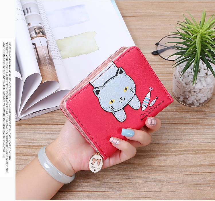 Women's Short Cute Zipper Cartoon Cat Folding Ladies Wallets