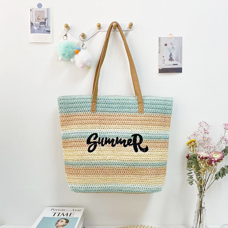 Women's Straw Shopping Striped Letters Beach Shoulder Bags
