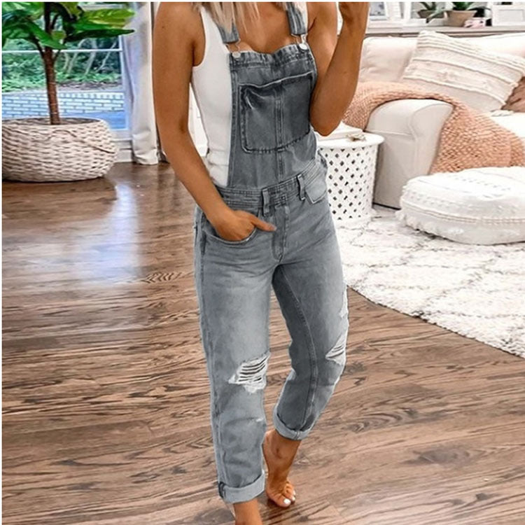 Women's Suspender Trousers Ripped Washed Slim Fit Bodysuit Temperament Pants