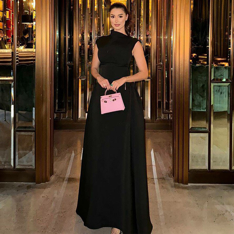 Women's Fashion Solid Color Sleeveless Waist Elegant Dress