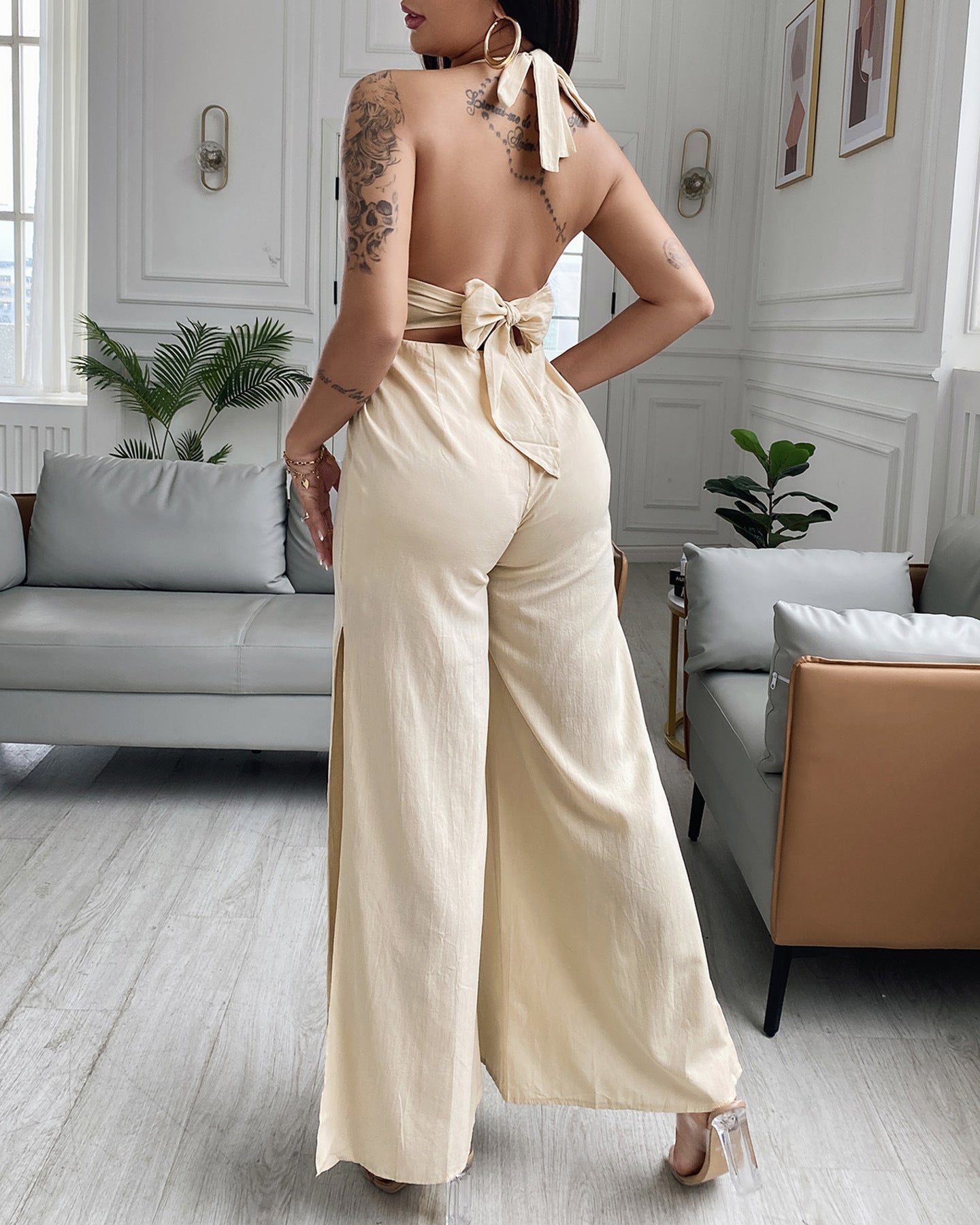 Innovative Beige Halter Lace Patchwork Slit Jumpsuits
