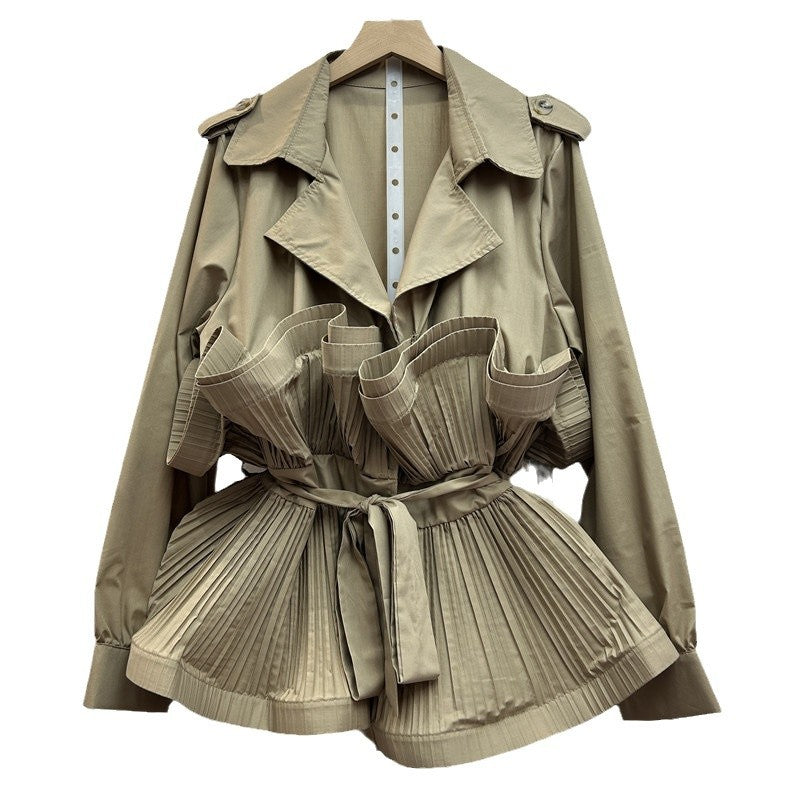 Khaki Collar Pleated Stitching Design Long Blouses