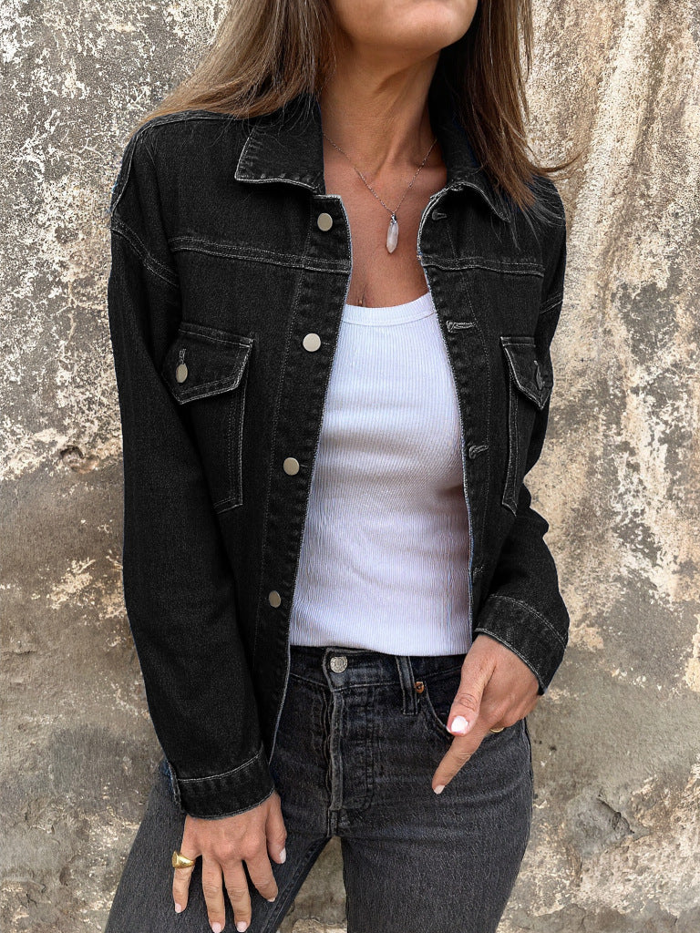 Trendy Classic Lapel Denim Solid Color Jackets