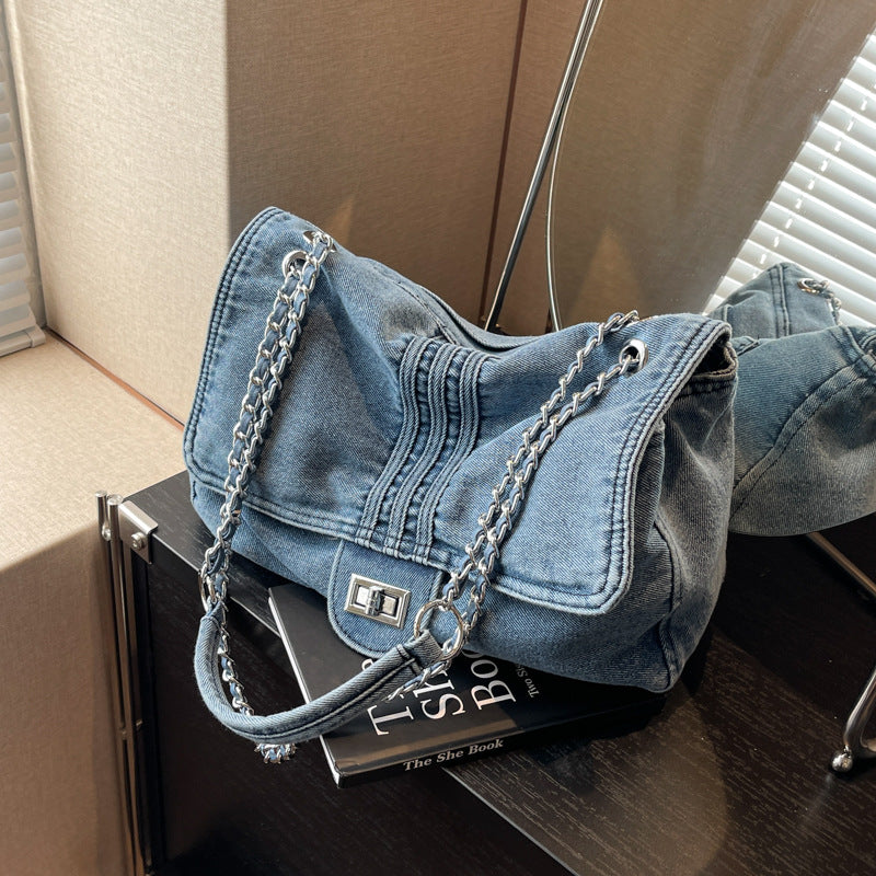 Women's Denim Fashion Large Capacity Chain Tote Bags