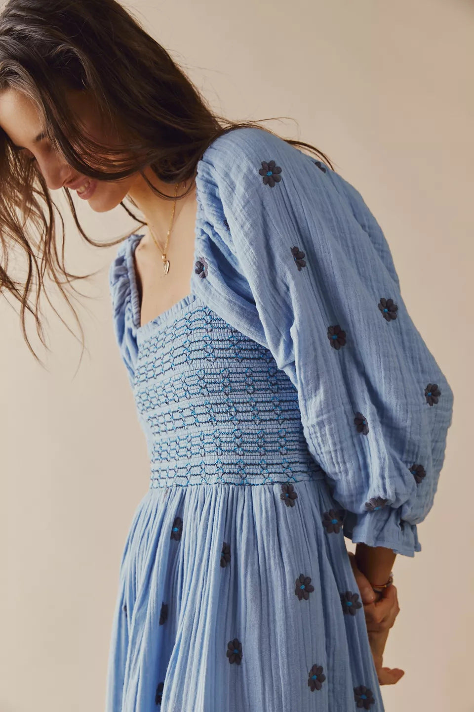Autumn Casual Bell Sleeve Smocking Embroidered Square Dresses