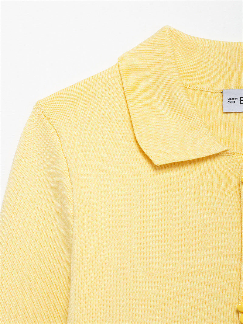 Women's Beaded Decorated Row Button Lapel Plain Sweaters
