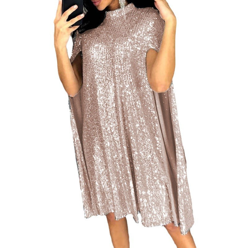Women's Small Stand Collar Sequins Dress Loose Dresses