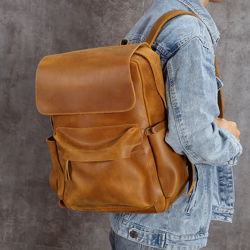 Men's Retro First Layer Cowhide Leather Computer Backpacks