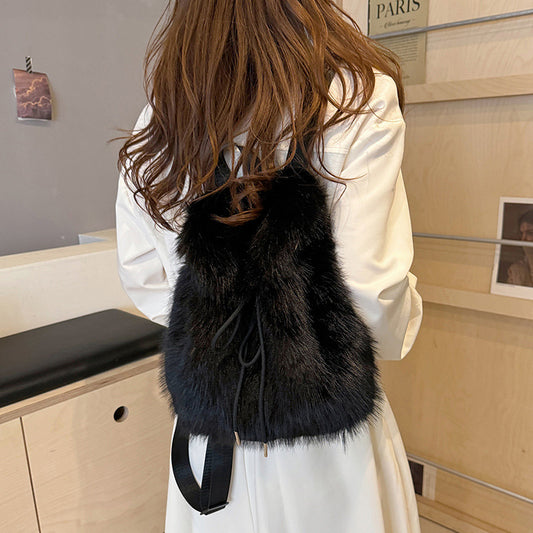 Women's Faux Fox Plush Fashion Drawstring Flip Backpacks