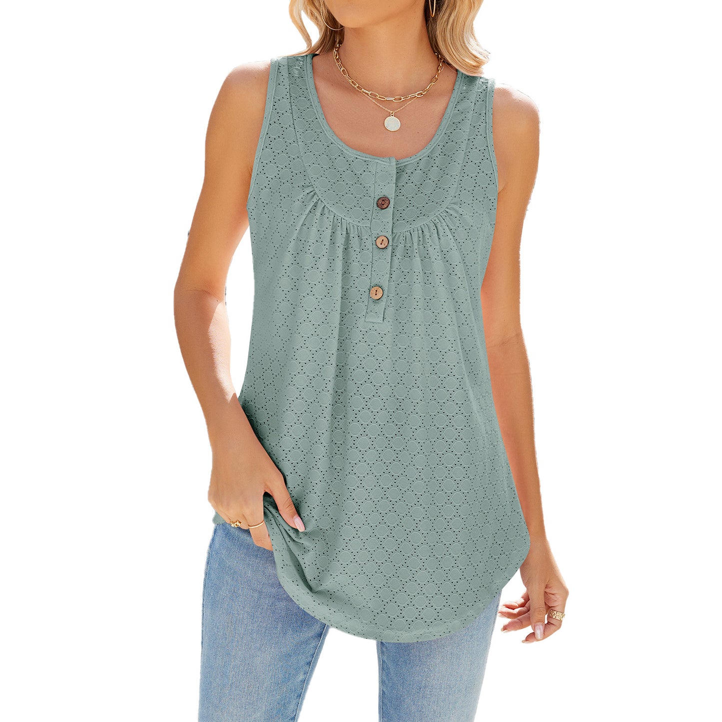 Summer Solid Color Round Neck Button Women's T-shirt