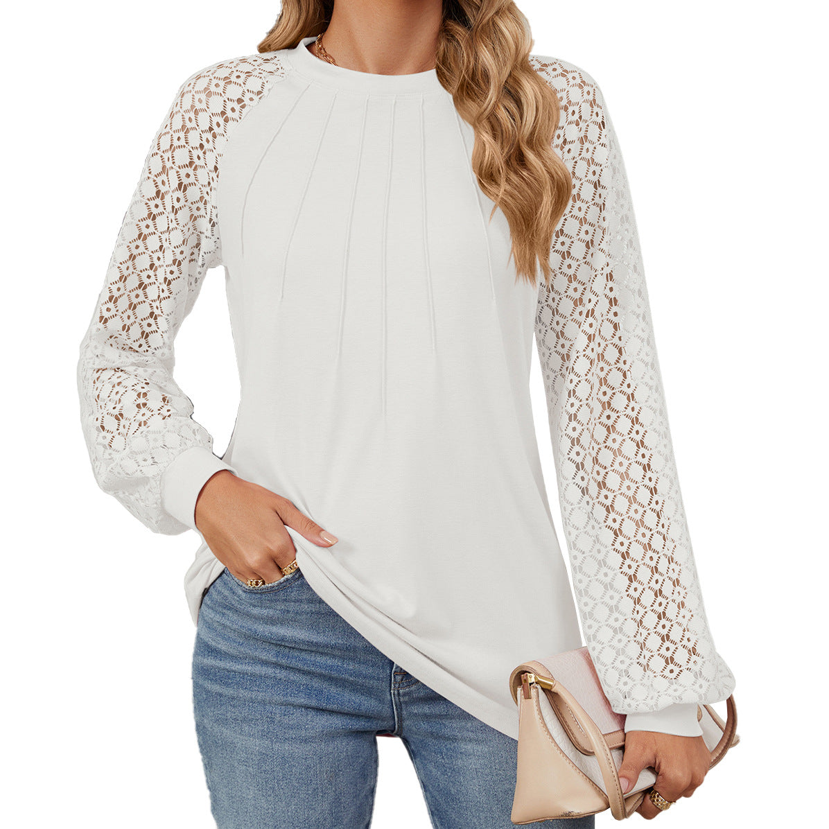 Women's Lace Patchwork Round Neck Long Sleeve Tops