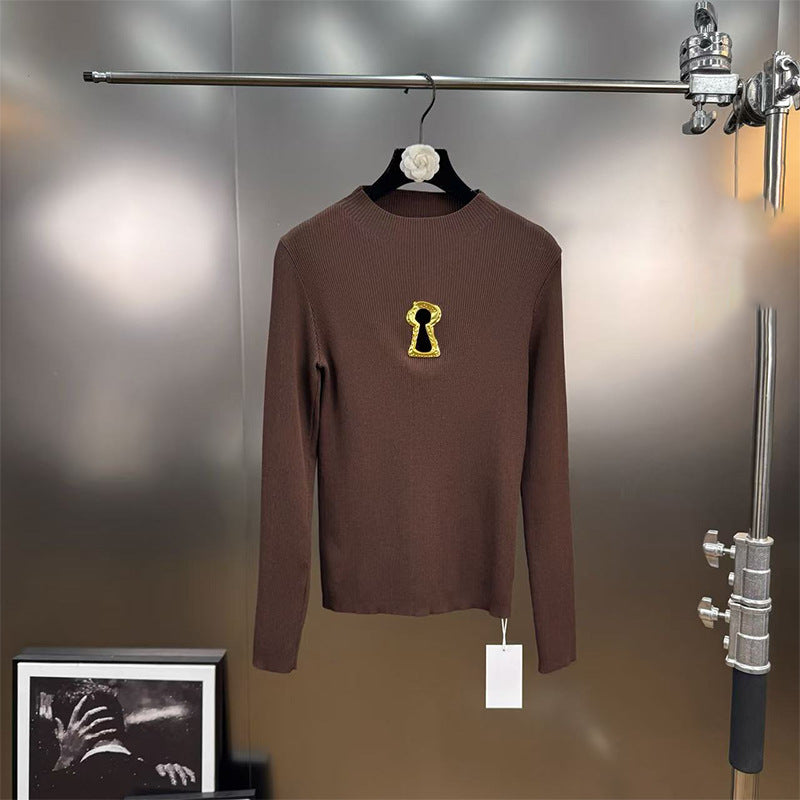 Women's Style High-grade Autumn Temperament Crew Neck Metal Decorative Long-sleeved Blouses
