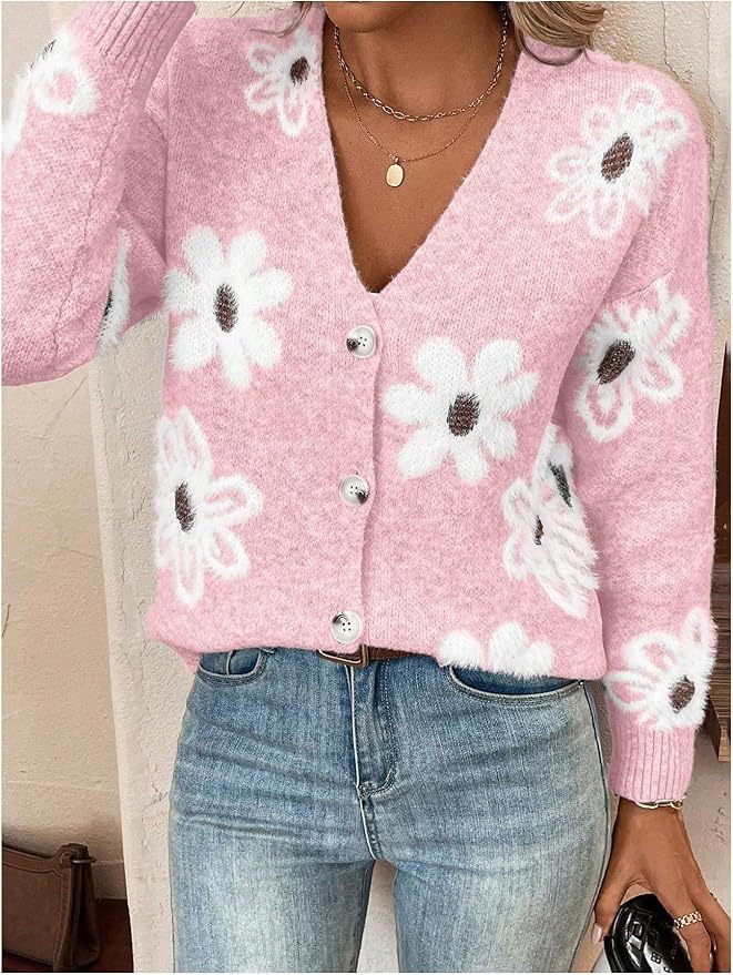 Durable Casual Flowers Print Button Front Sweaters