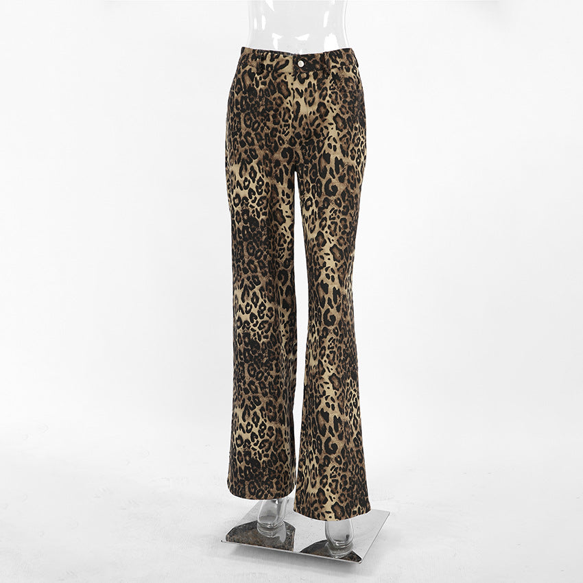 Women's Loose Low Waist Leopard Print Trousers Versatile Cotton Wide Pants
