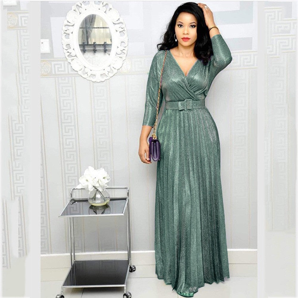 Women's African Wear Fashion Long Sleeve Bronzing Pleated Skirts
