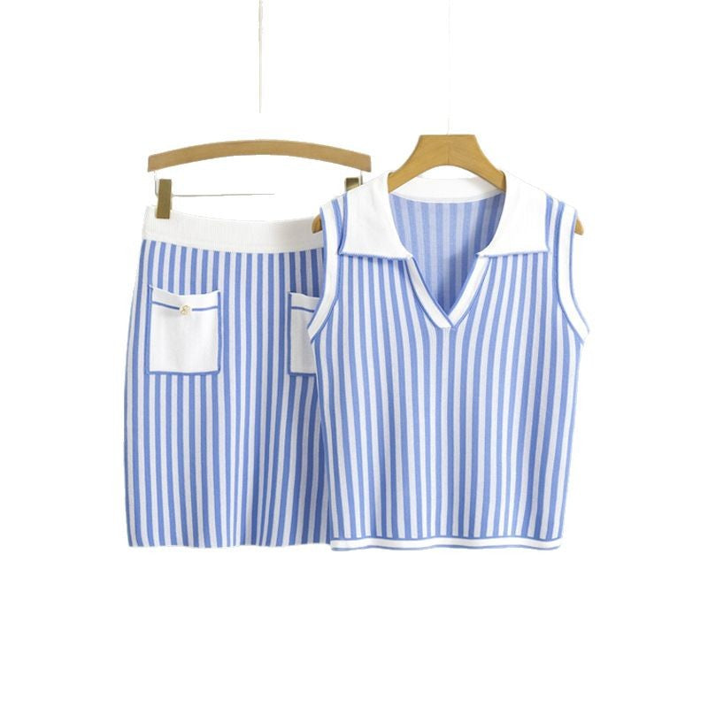 Women's Preppy Style Waist Trimming Slimming Striped Shirt Summer High Suits