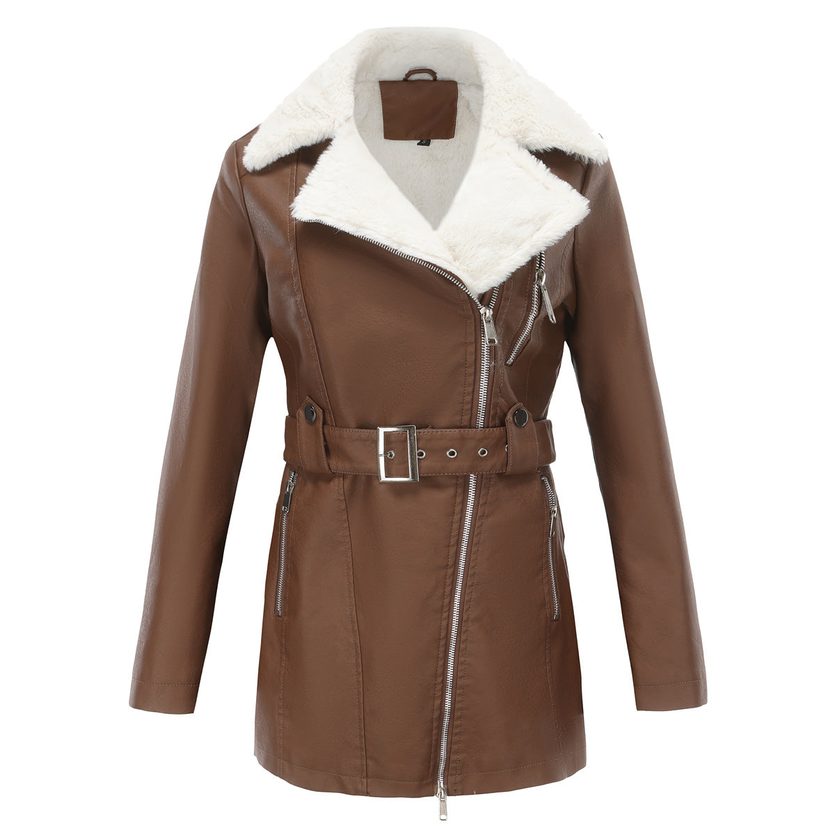 Women's Long Sleeve Fleece Leather Lapel Double-headed Zipper Jackets