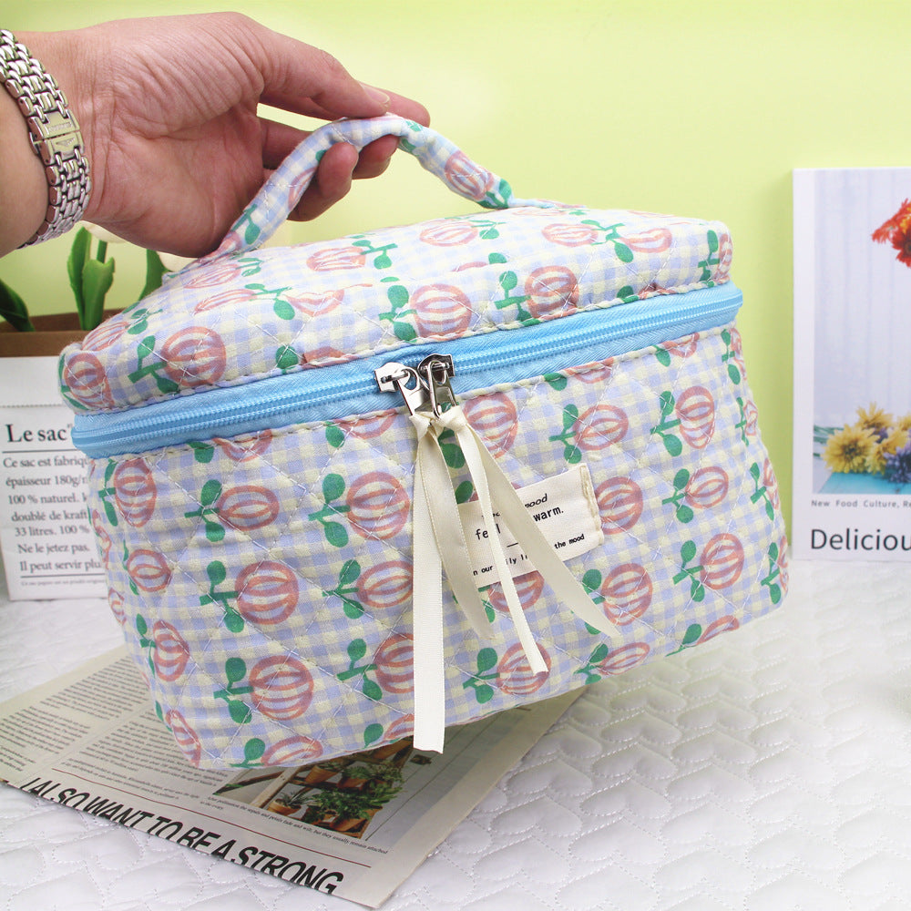 Plaid Love Embroidery Cute Large Capacity Portable Storage Cosmetic Bags