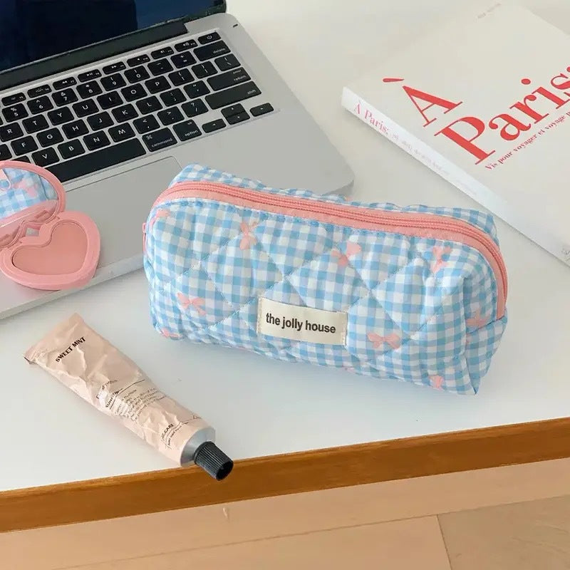 Plaid Bow Large Capacity Sweet Quilted Cosmetic Bags