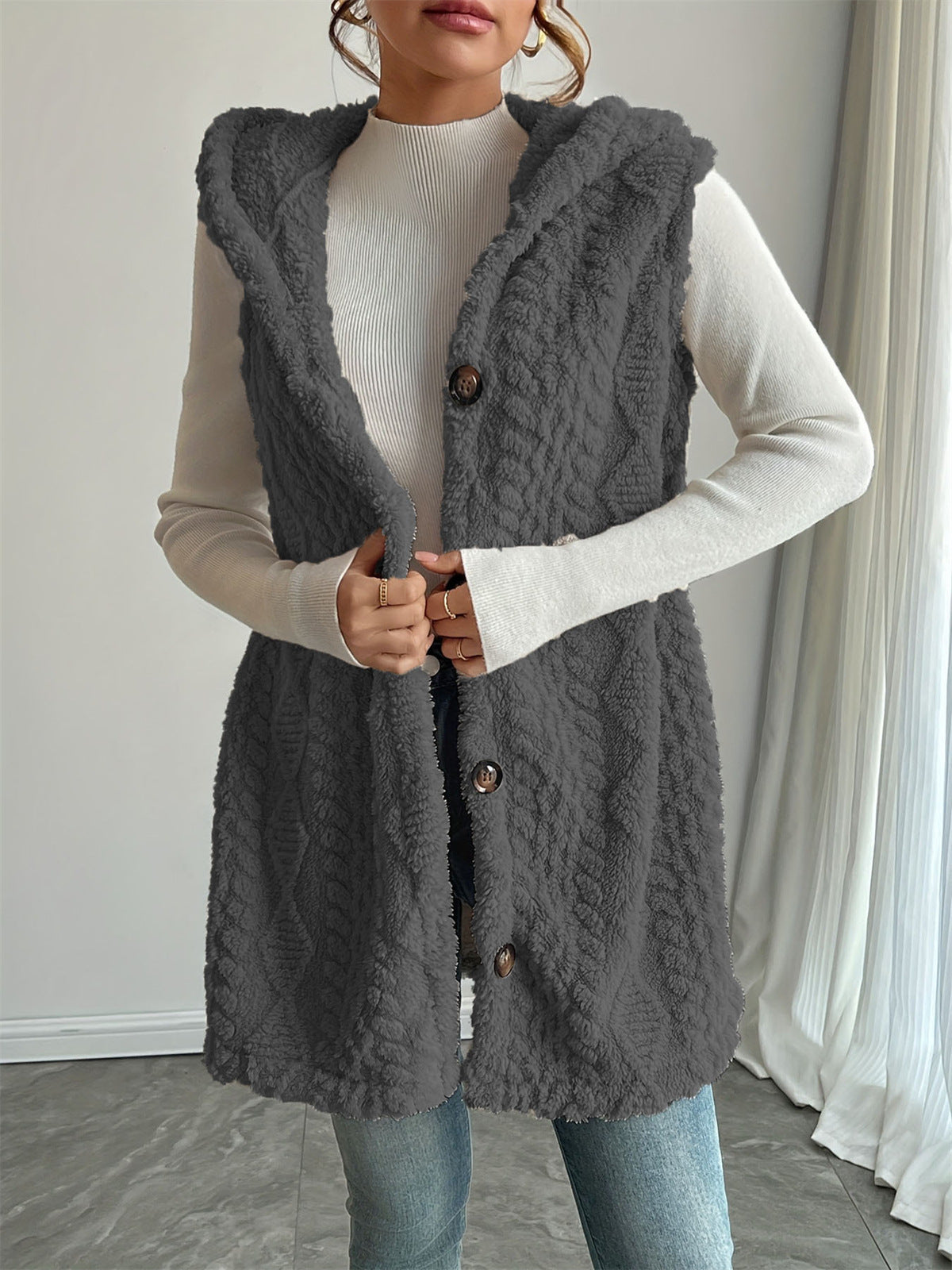 Solid Color Double-sided Plush Hooded Button Women's Vest