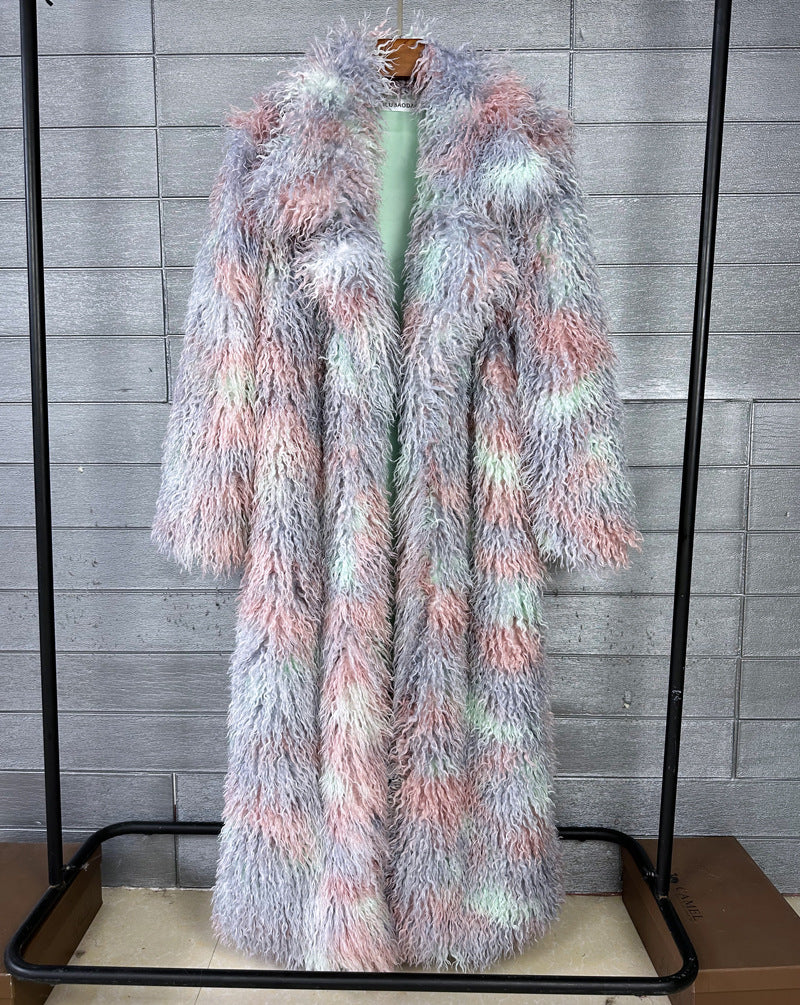 Women's Imitation Tan Wool Furry Fur Extended Coats